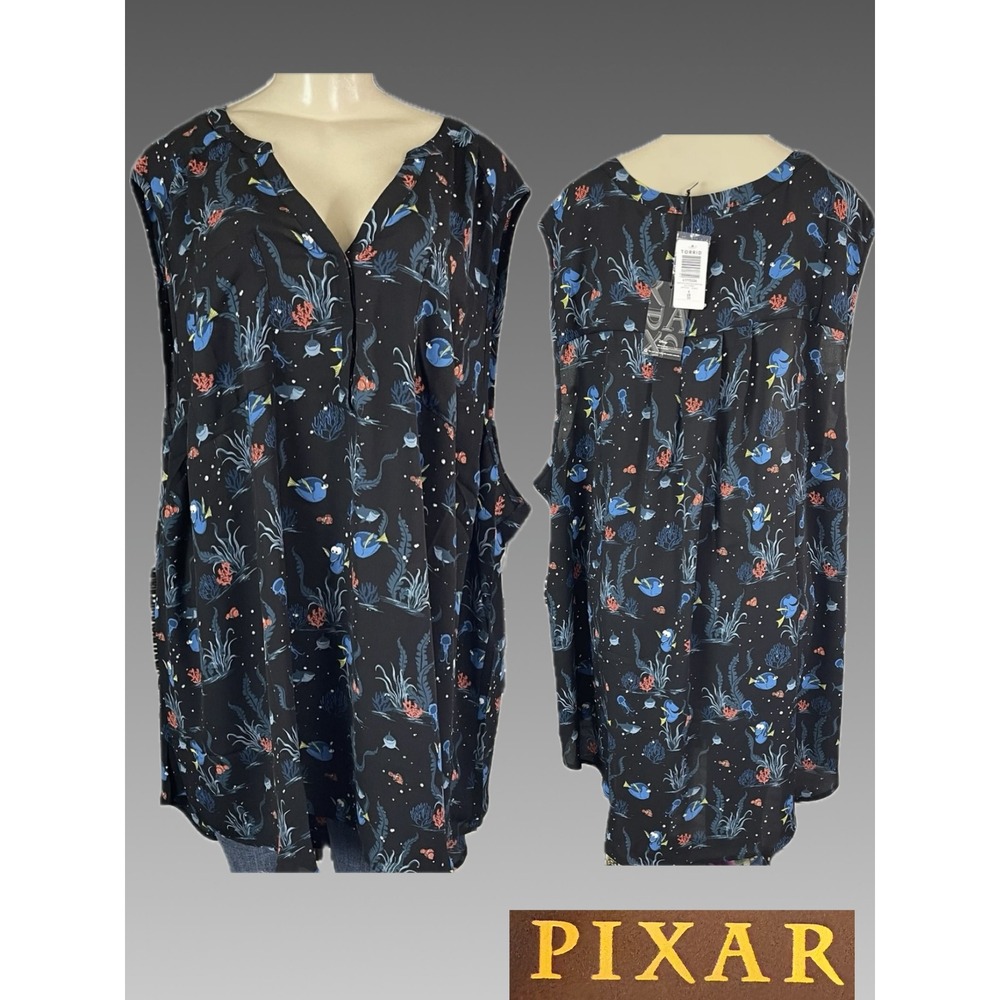 Disney Pixar 6X Black Multi Finding Nemo Sleeveless Blouse Split Button Neck